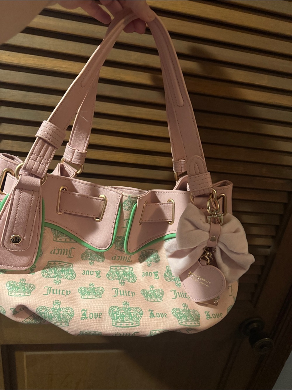 Juicy Couture Pink Shoulder Bag with Green Logo Print and Bow Charm
